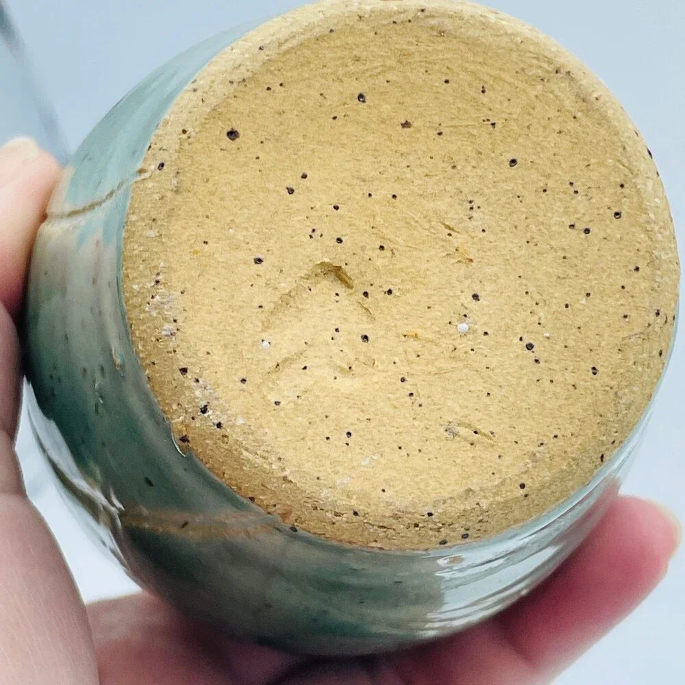 Vintage Handmade Pottery Ceramic Vase Green Gold Speckled Glaze 5